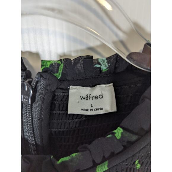 Aritzia Wilfred Lilith Blouse Cropped Smocked Zip Back Black Leaf Print Sheer L - Picture 4 of 11